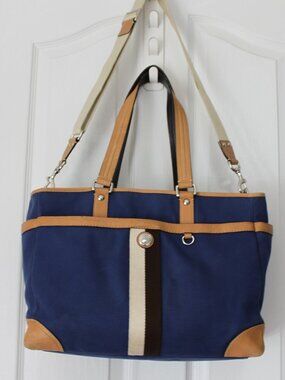 Coach Navy Blue Canvas Diaper Bag - Tan Leather Trim - Changing Pad Included 🍼⚓